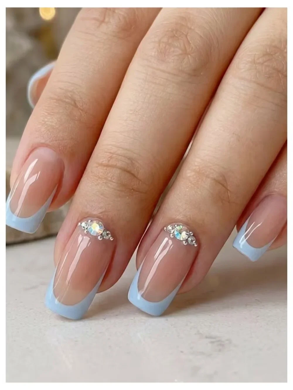 NWT 24pc Light Blue French Tip Press On Nails Square Rhinestone Fake Nail Kit